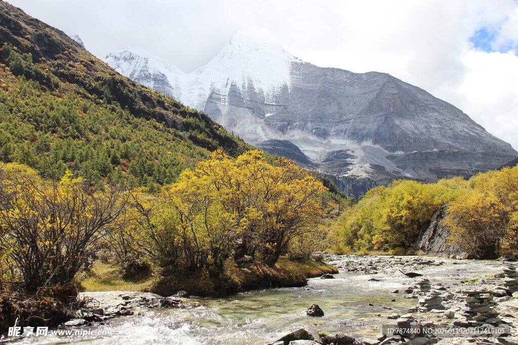 山间溪流旁的秋日美景