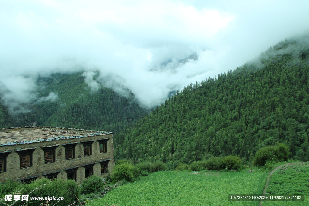 山间楼舍旁的绿野风光