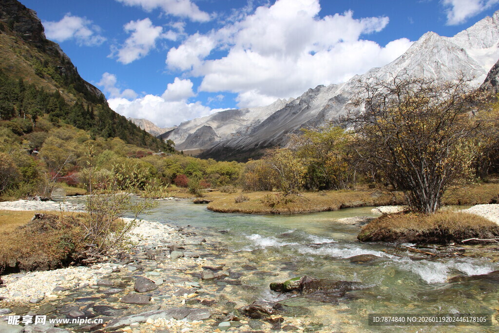 山间溪流与壮丽雪山美景