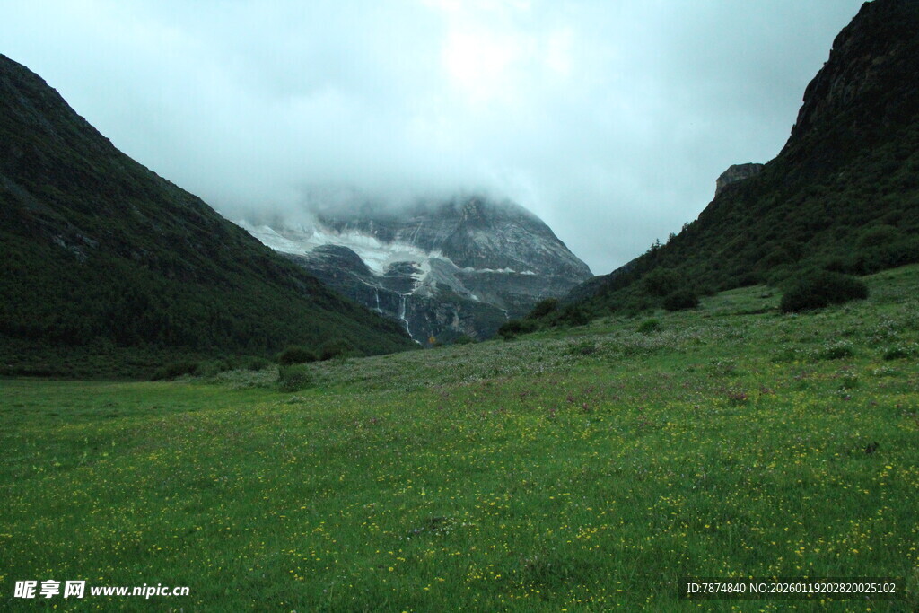 山间绿野中的巍峨雪山