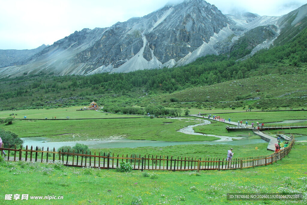 山间绿野中的蜿蜒木栈道
