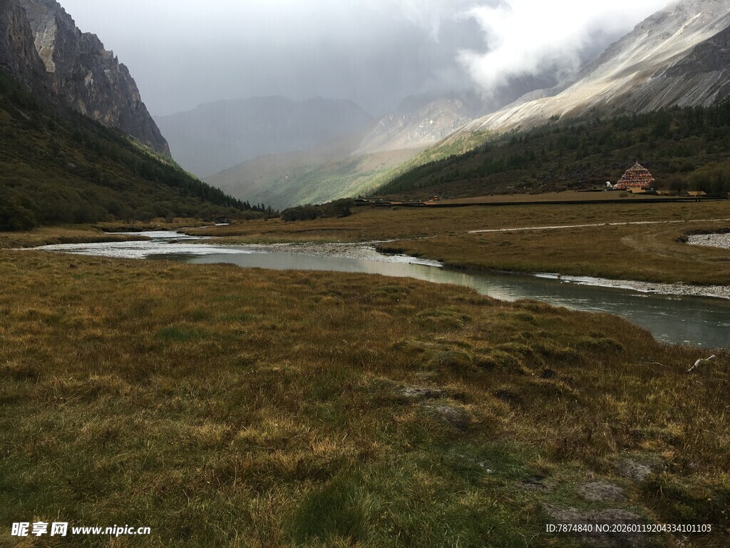 山间草地与溪流景观