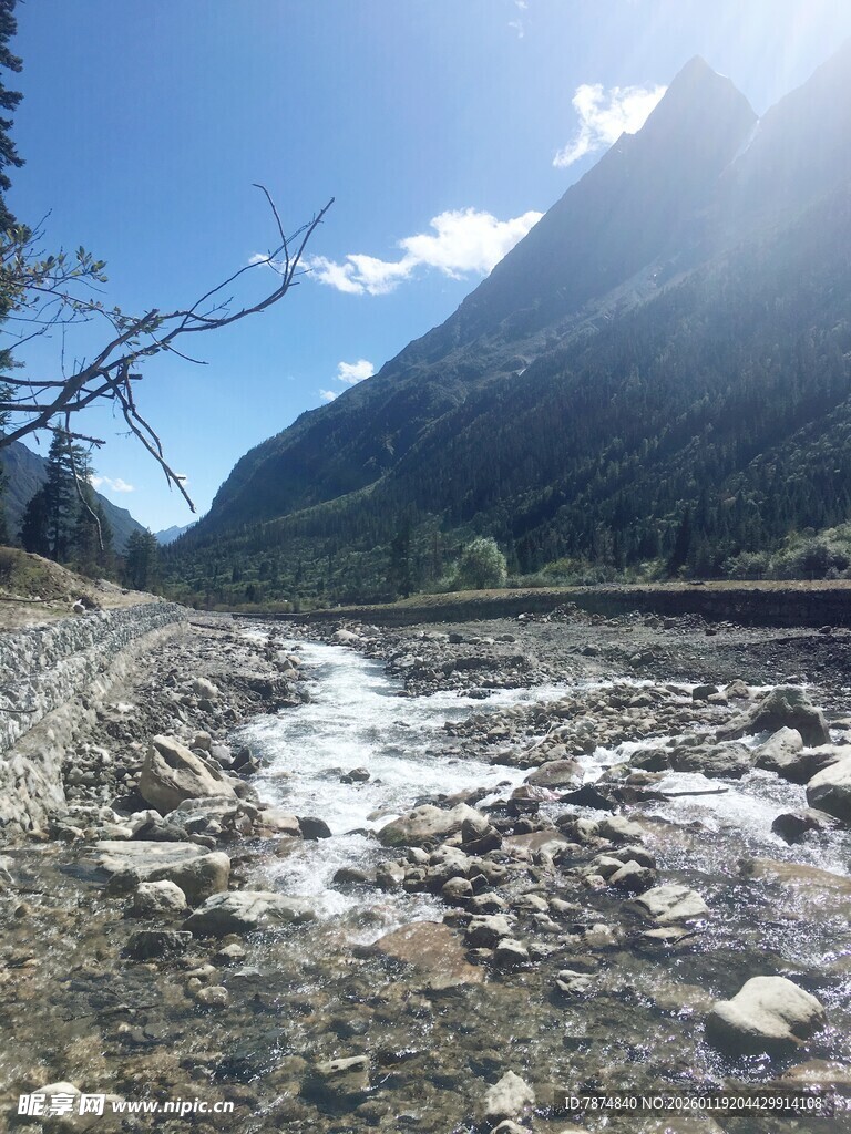 山间清澈溪流与壮丽山景