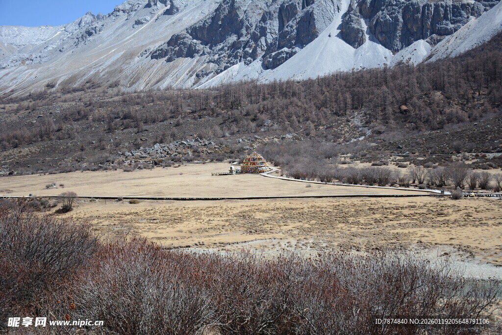 雪山下的开阔原野风光