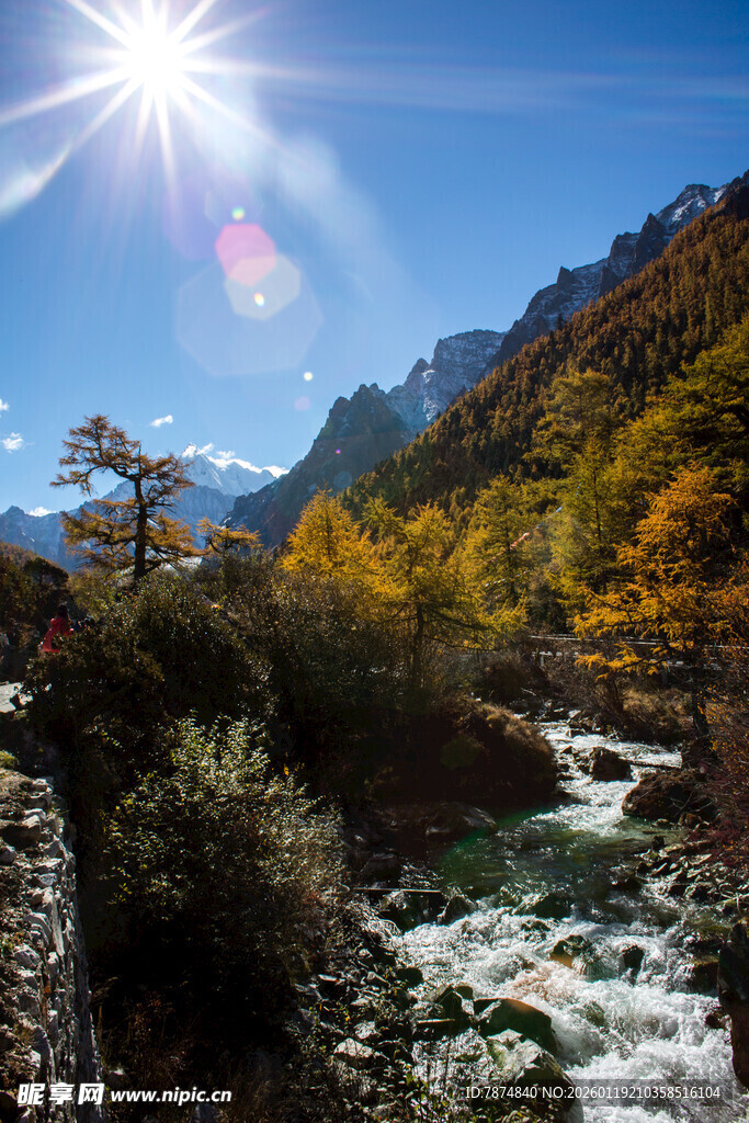 秋日山间溪流与灿烂阳光
