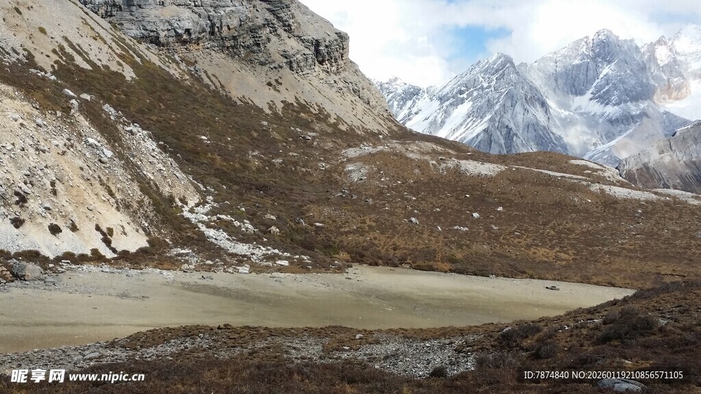 雪山下的开阔谷地景观