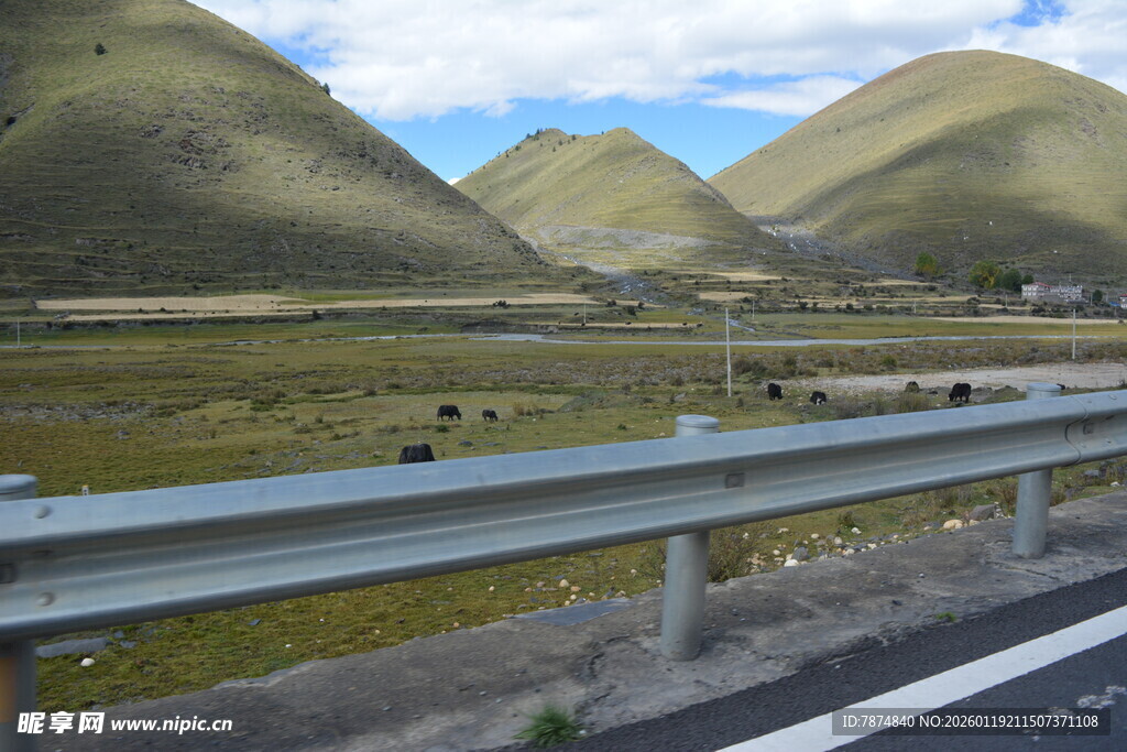 公路旁的青山与开阔田野