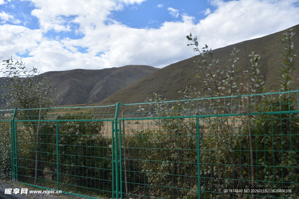 绿色围栏旁的山野景致