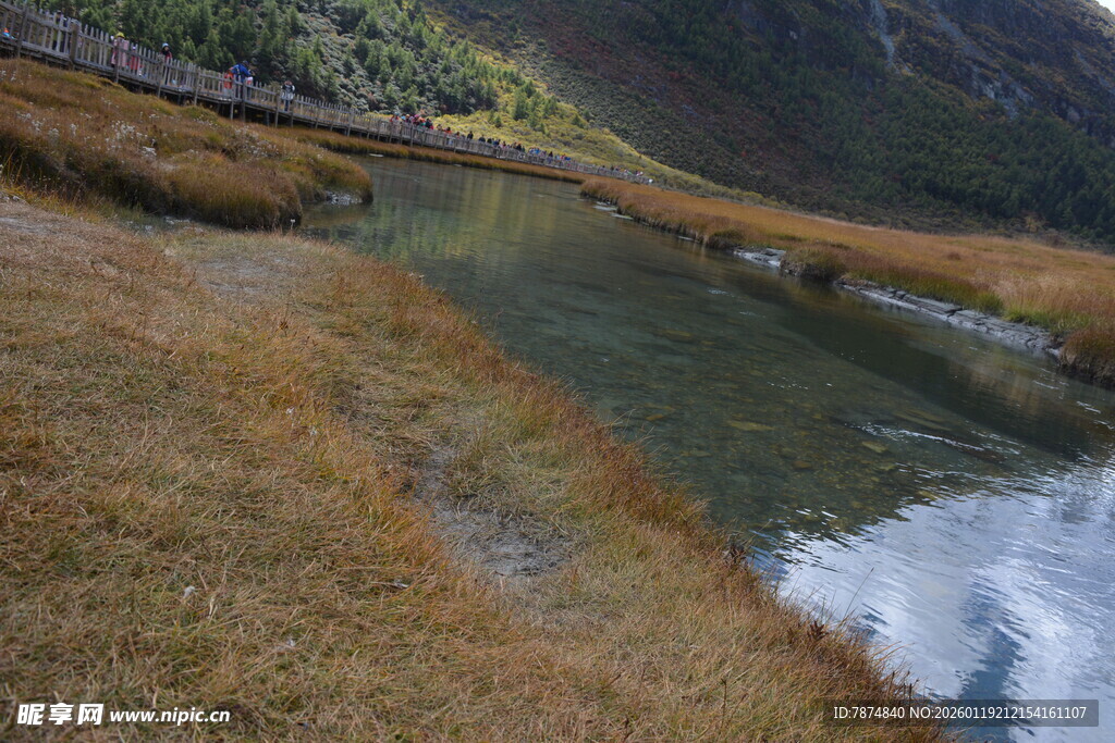 山间清澈溪流与枯黄草地