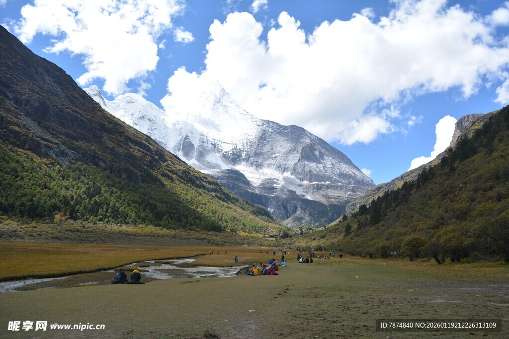 山间美景 广袤草地与雪峰
