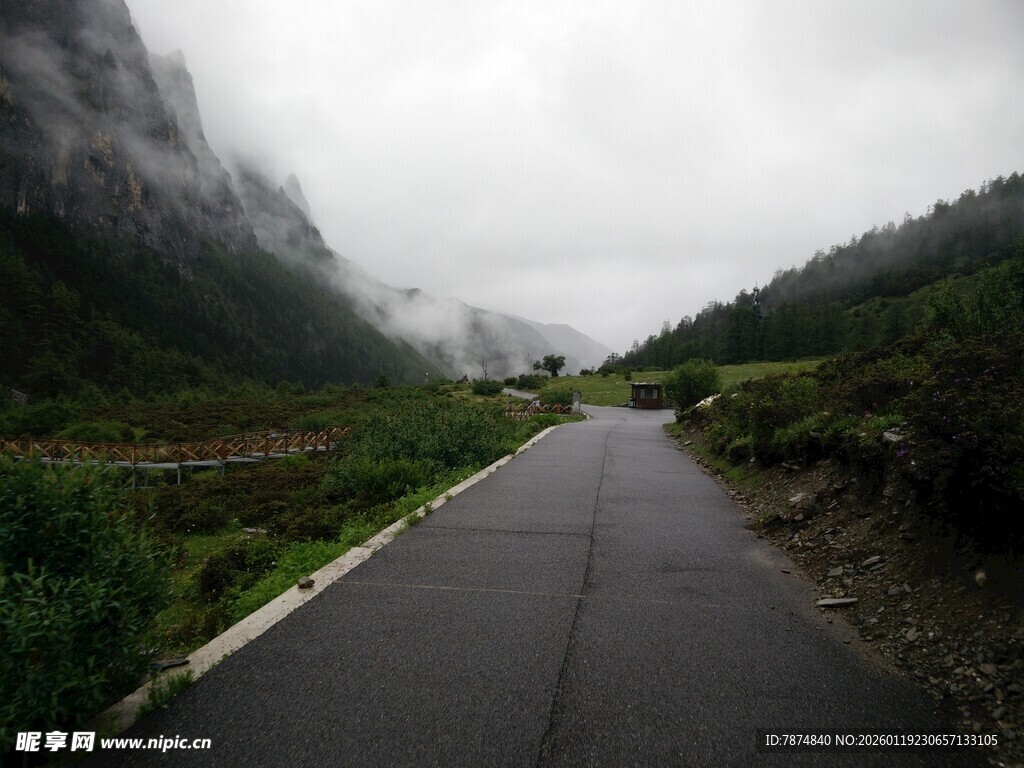 山间云雾缭绕的幽静道路