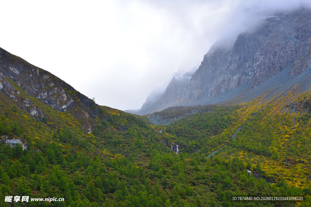 云雾缭绕的山间绿野 稻城