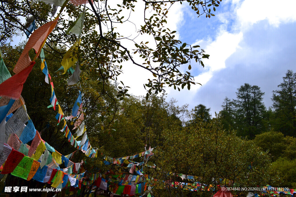 山间飘扬的五彩经幡 稻城