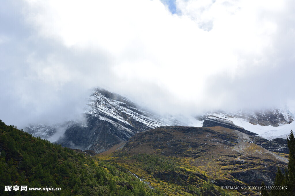 云雾缭绕的壮丽雪山景观 稻城