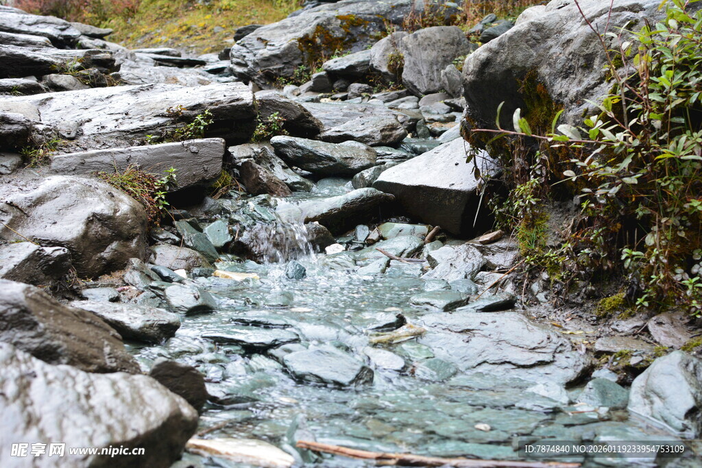 山间清澈溪流穿岩石而过 稻城