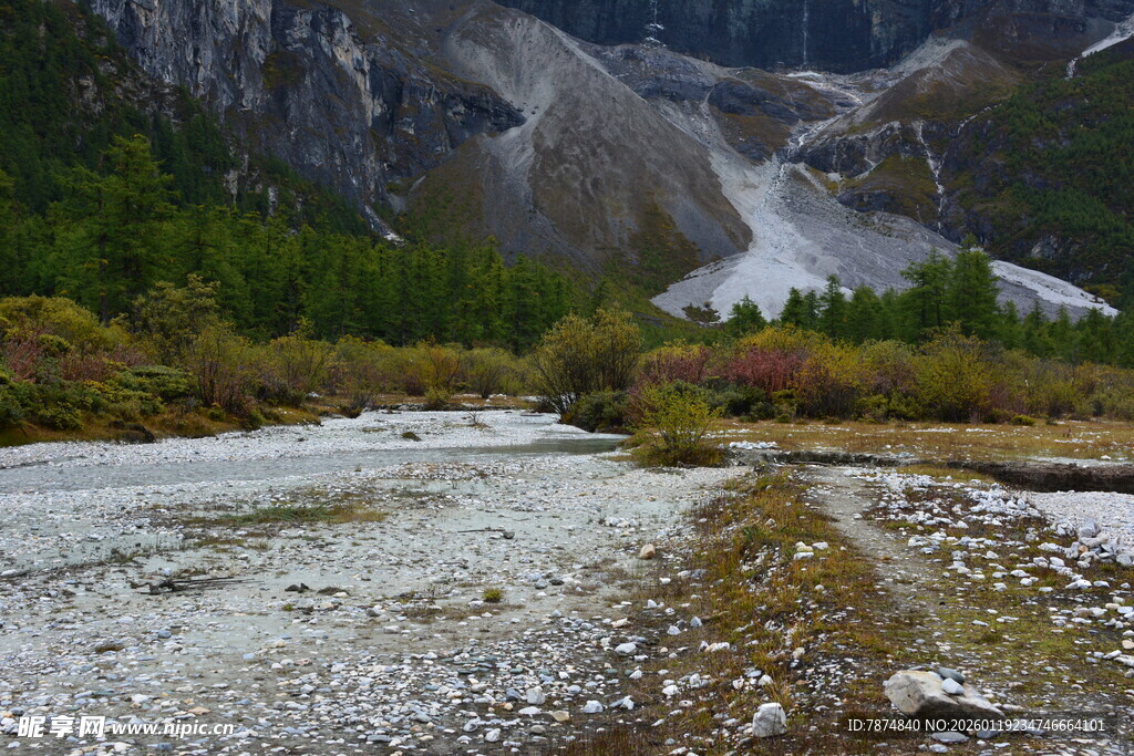 山间碎石路与葱郁山林
