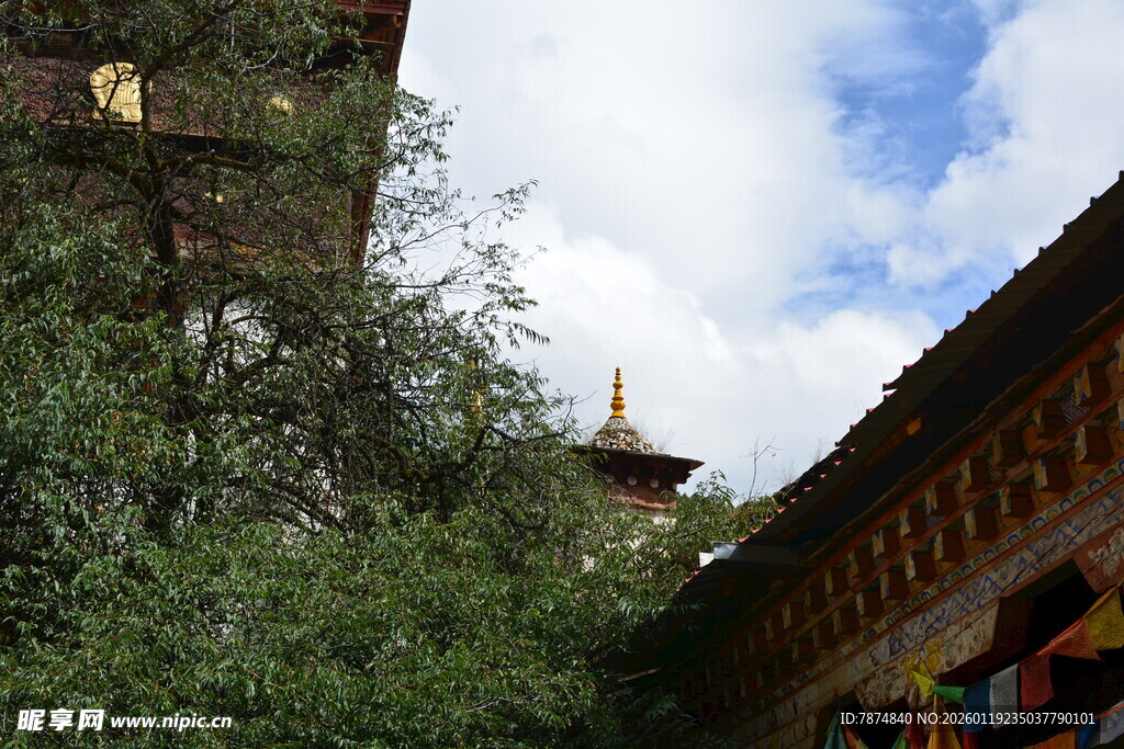 藏式建筑旁的葱郁绿植 稻城