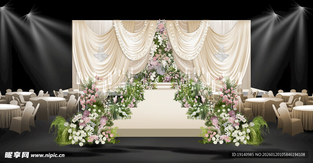 奶油白色韩式布幔造型白绿粉色