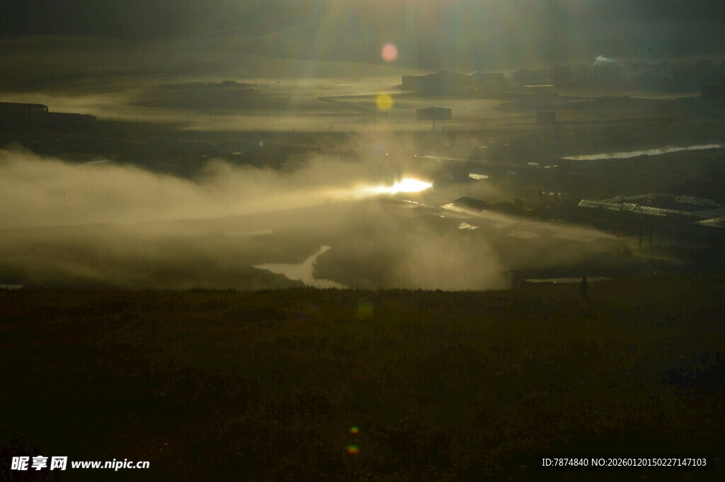 夜间灯光下的迷雾景象