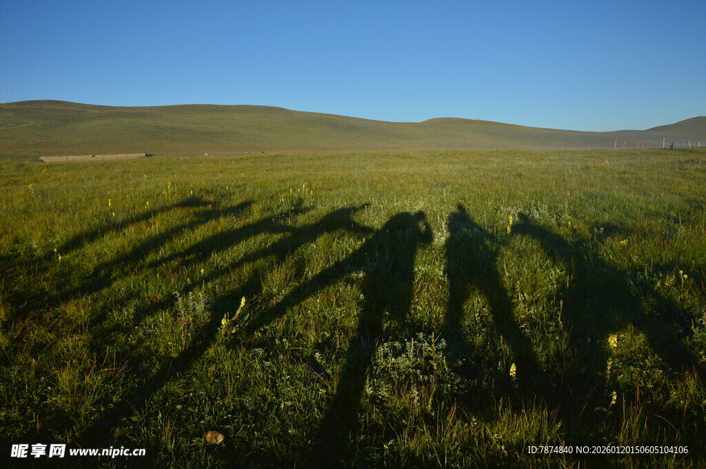 草原上的人影与长长影子