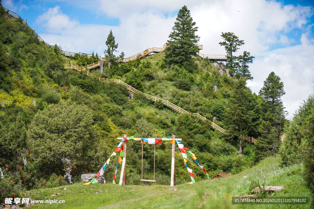 山间多彩秋千装点绿意