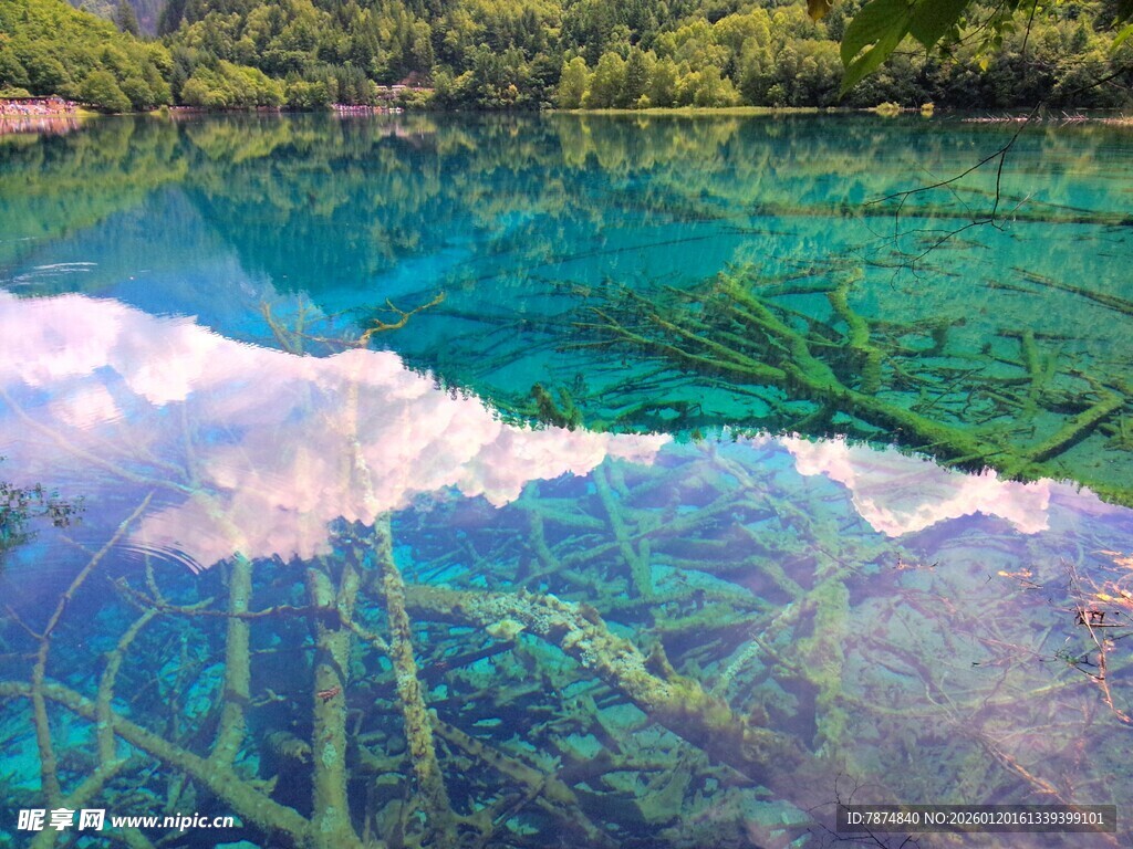 清澈湖底与水面倒影美景