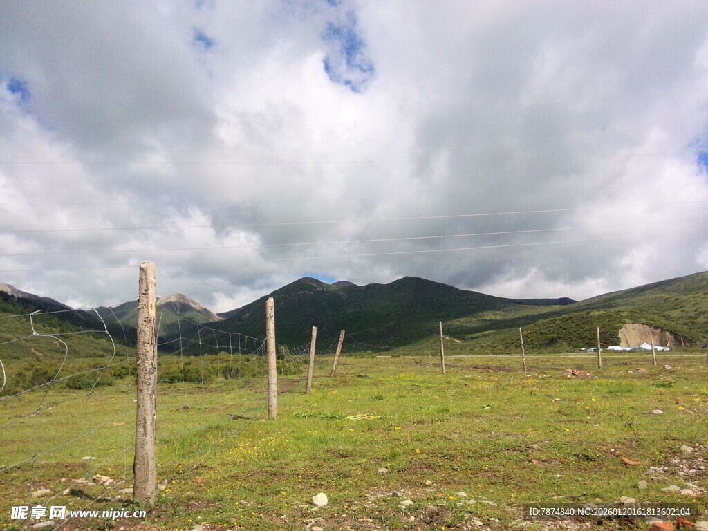草原上的木桩与远山风景