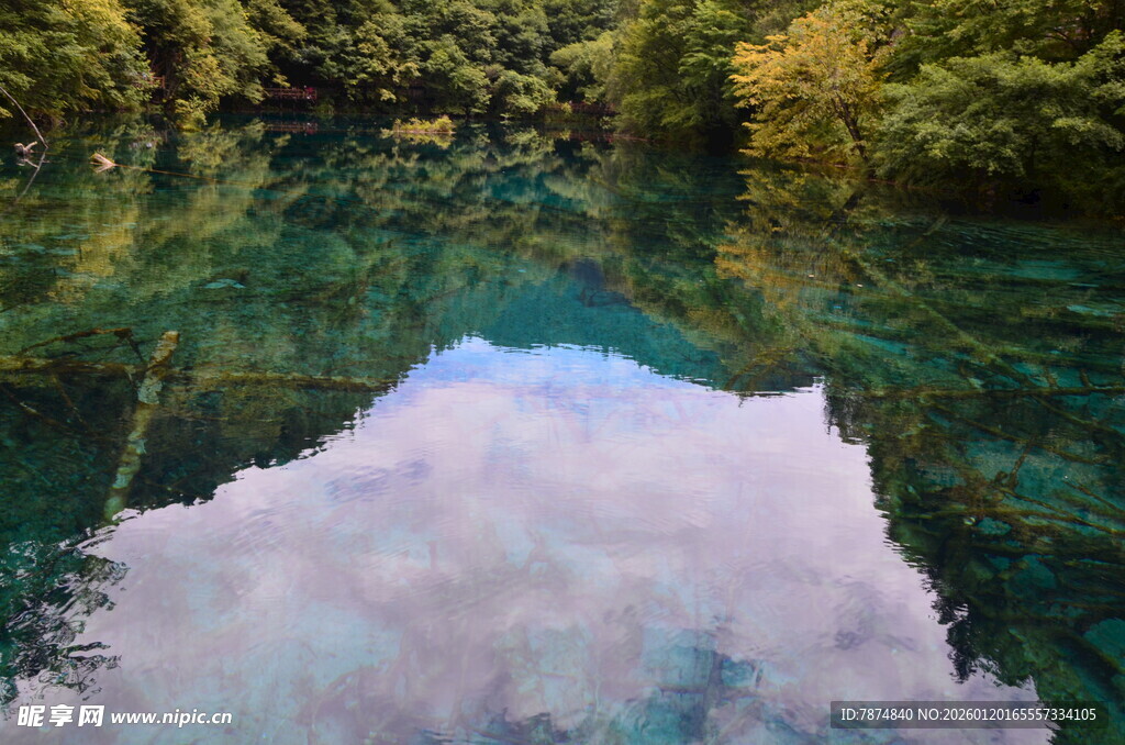 清澈湖水映蓝天绿树