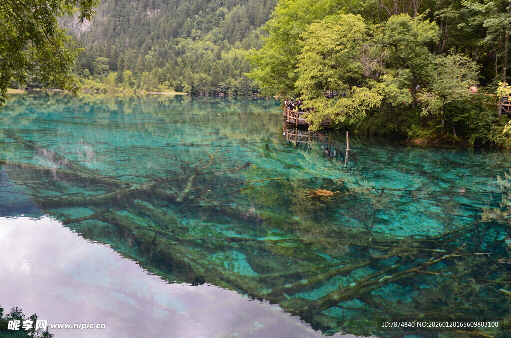 清澈秀丽的山间碧绿湖水