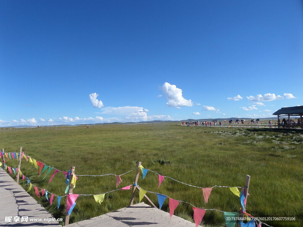 草原木栈道上的多彩经幡