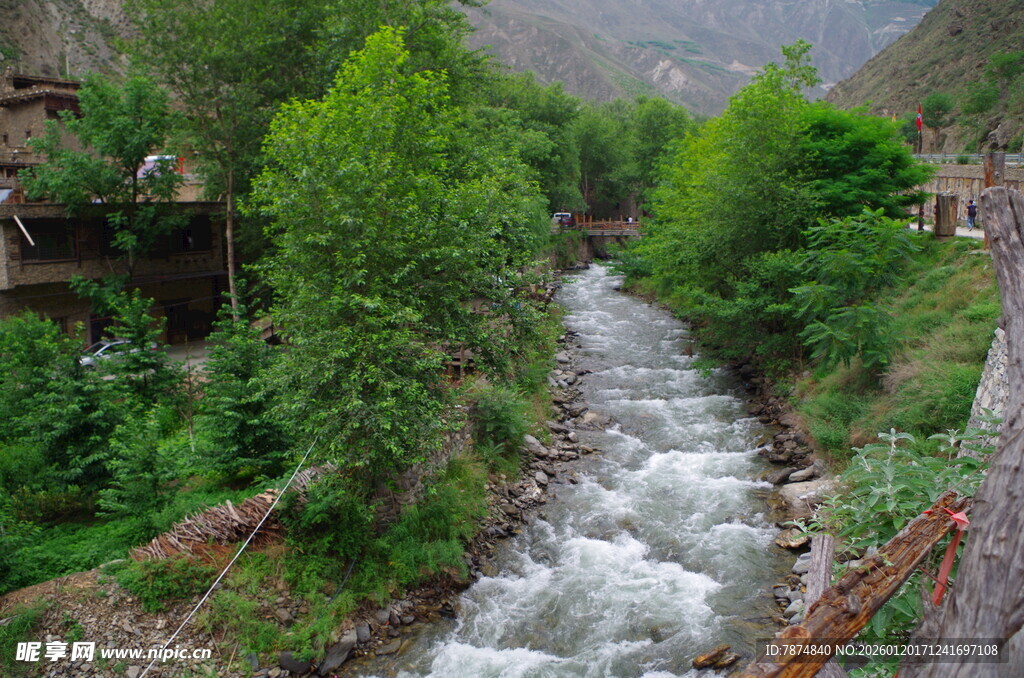 山间湍急溪流穿林而过
