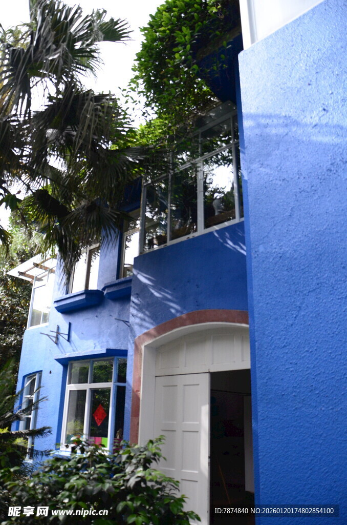 蓝色清新建筑与绿植相伴