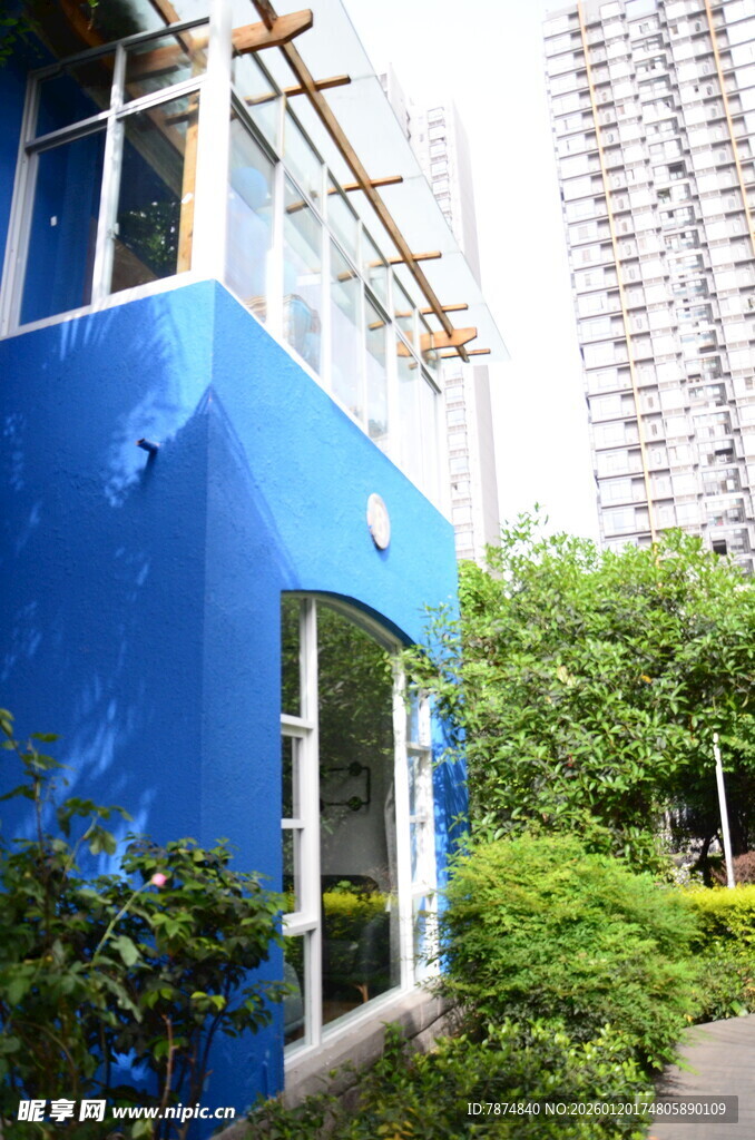 蓝色小屋与周边绿植景观