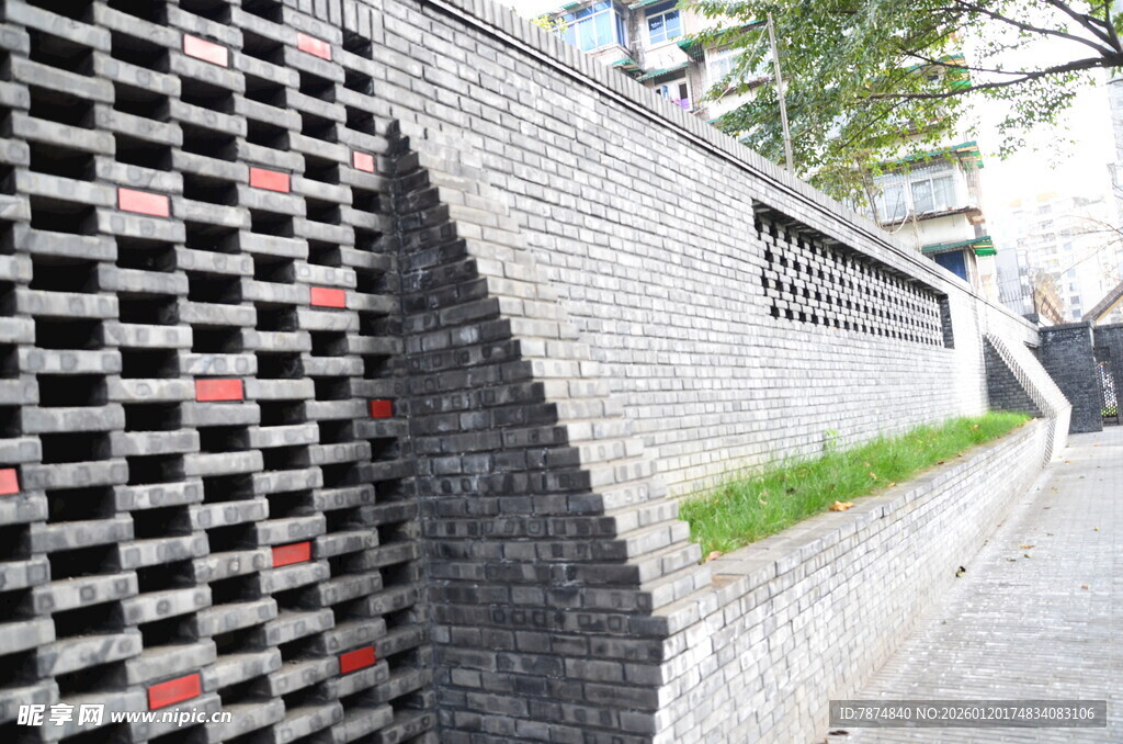 现代风格镂空砖墙景观