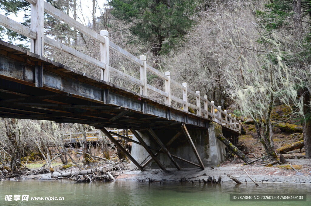 山间木桥横跨潺潺溪流