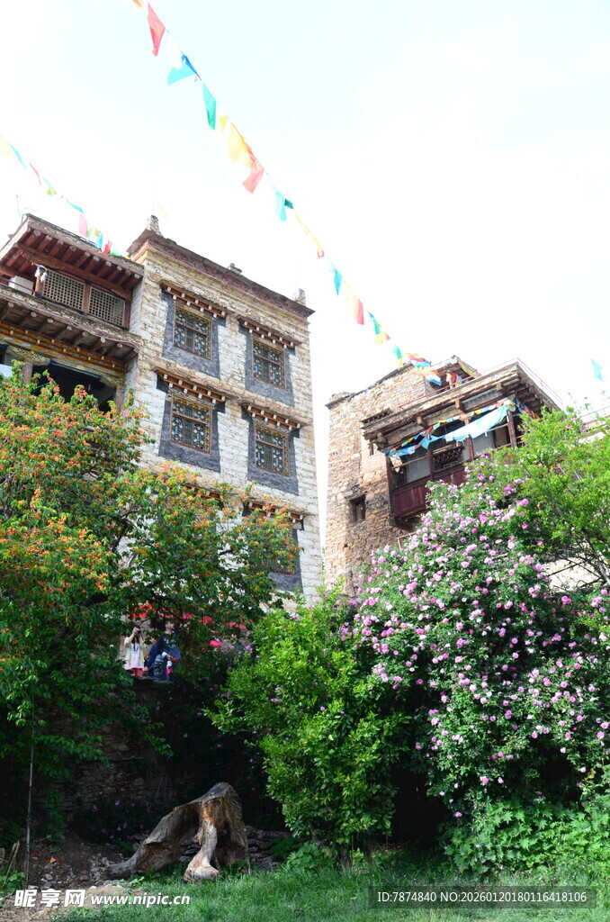 老旧居民楼旁绿植与彩旗