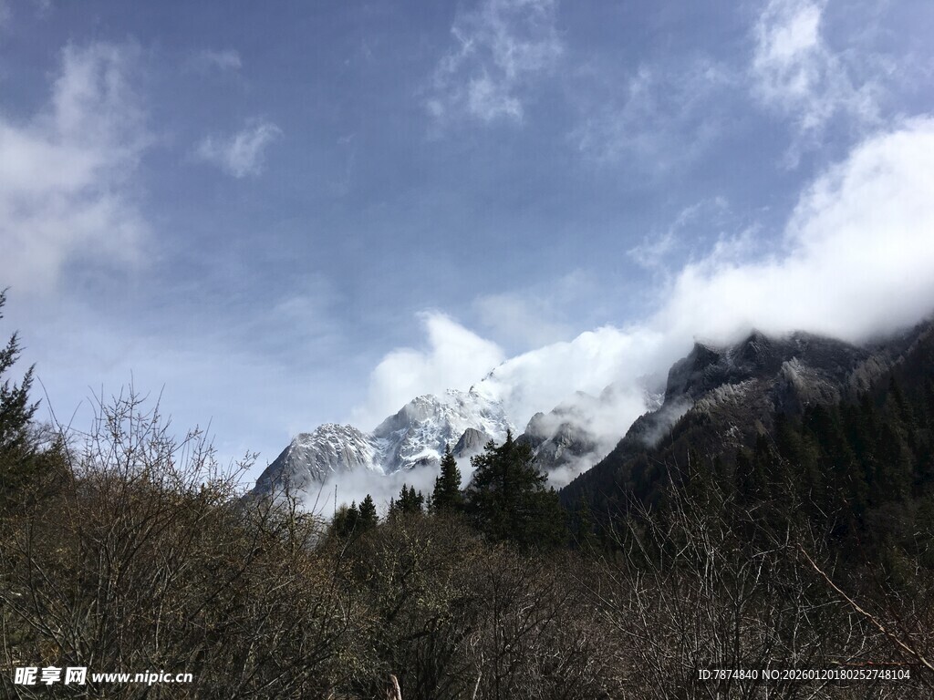雪山远景 山间植被与云雾