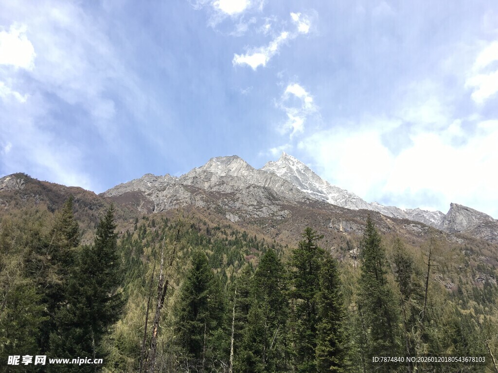 山林间的巍峨雪山景观