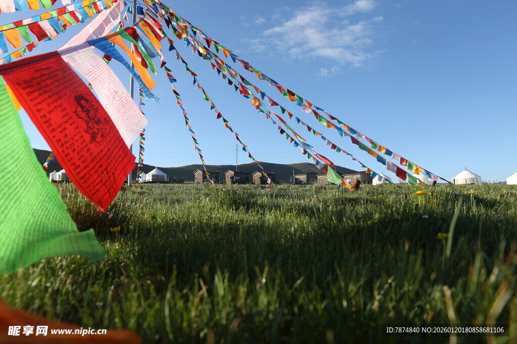 草原上的彩色经幡飘扬