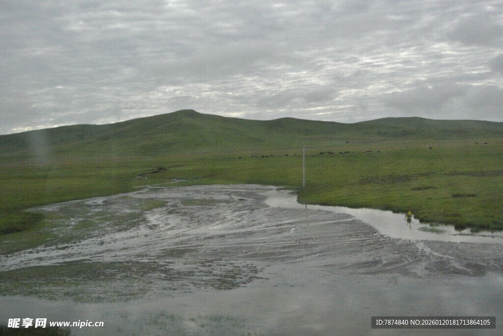 雨中草原上的泥泞道路