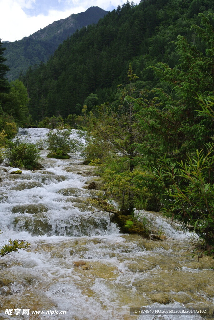 山间湍急溪流 绿意环绕