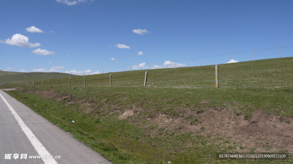 公路旁的开阔绿色原野