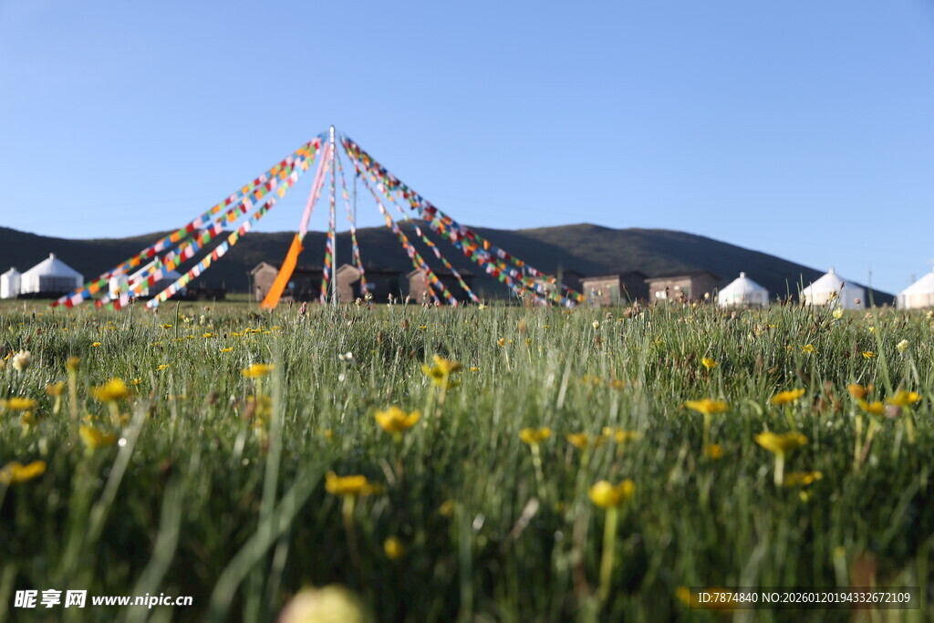 草原上的彩色三角帐篷