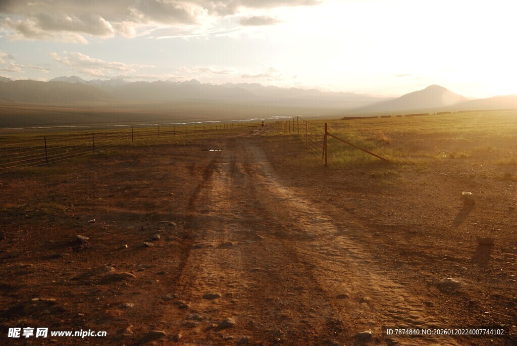 荒野土路 夕阳下的孤寂之路