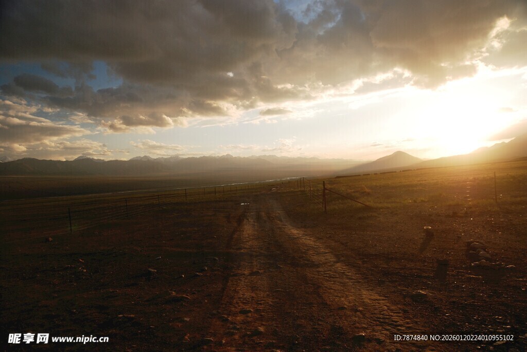 夕阳下旷野中的蜿蜒车辙