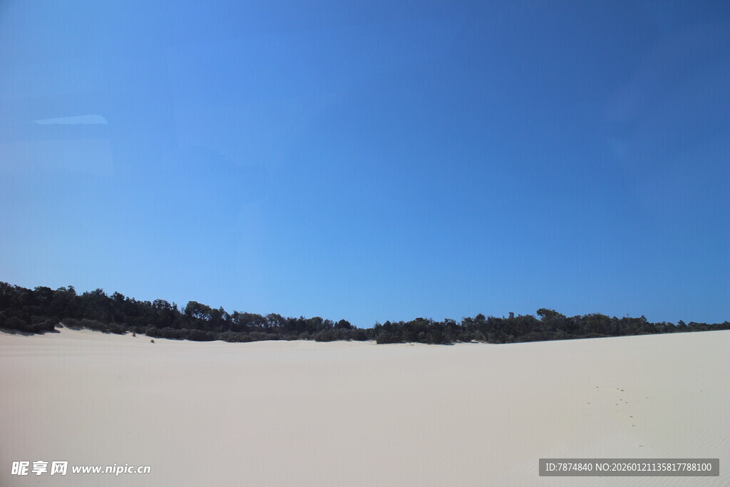 广袤沙地与蓝天绿树景观