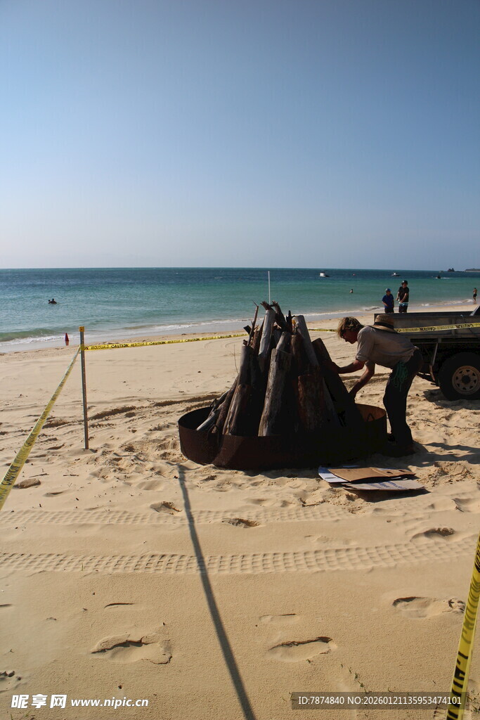 沙滩上的神秘木桩景观