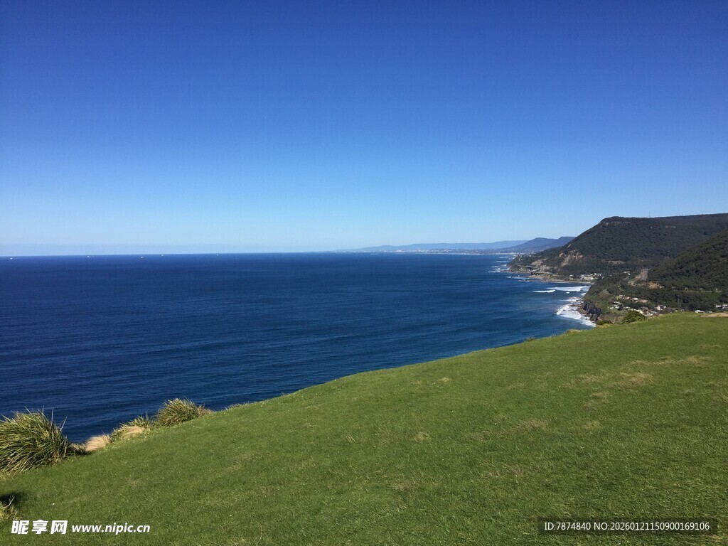 海边绿草地与辽阔海洋