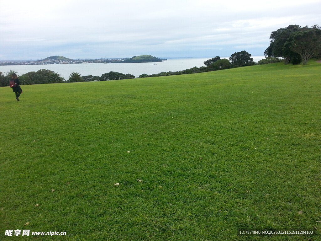 广阔绿草地与远处湖景