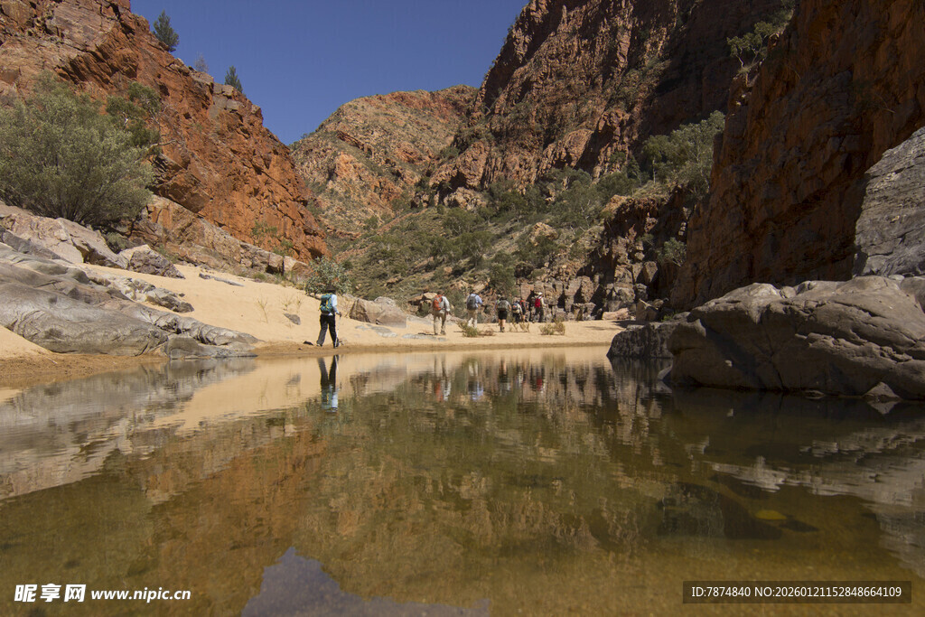 峡谷中徒步者与静谧水域